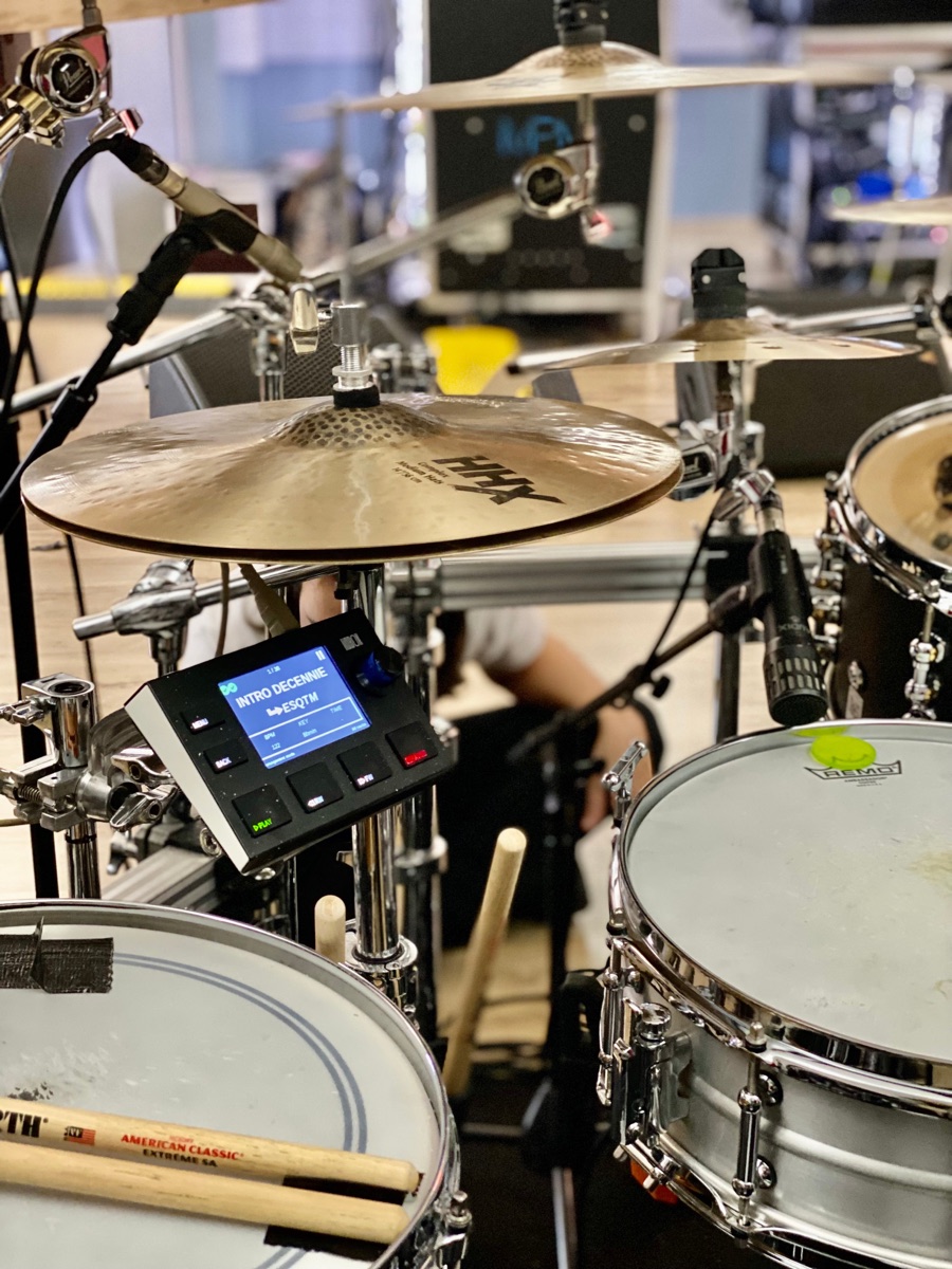 LIOBOX² mounted on a LIOBASE in a drum kit, next to the hi-hat