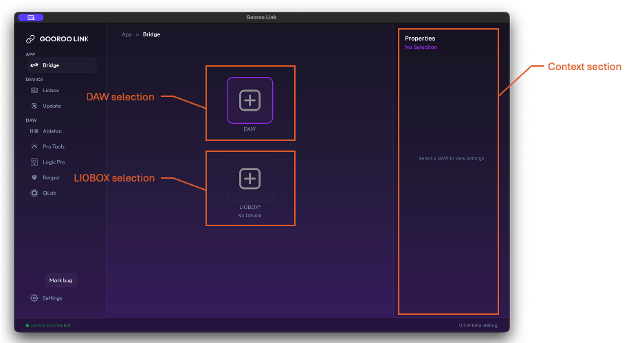 The BRIDGE view with the DAW selection, LIOBOX selection and context section annotated