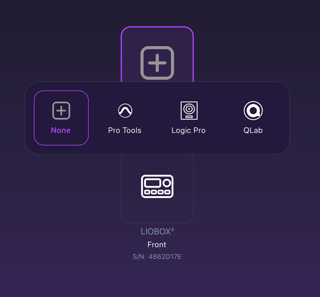 DAW selection popup with None, Pro Tools, Logic Pro and QLab