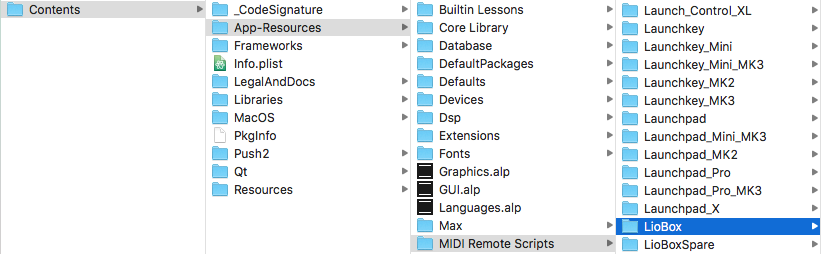 Ableton package contents on macOS, with the Liobox script folders in MIDI Remote Scripts