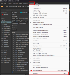 Ableton Options menu and Settings window