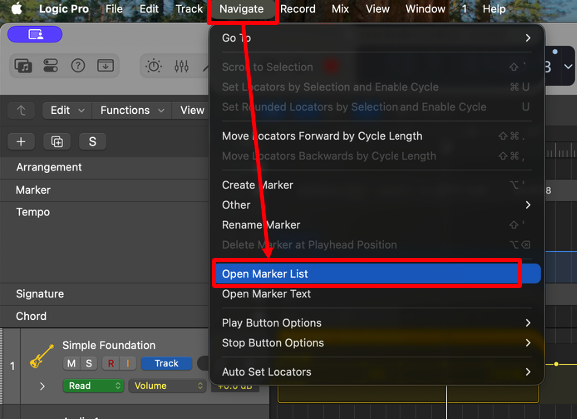 Logic Pro Navigate menu with Open Marker List