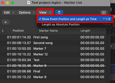 Marker List View menu with Show Event Position and Length as Time