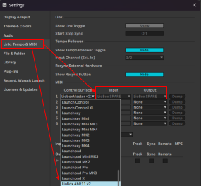 Selecting the Liobox script in the Control Surface dropdown