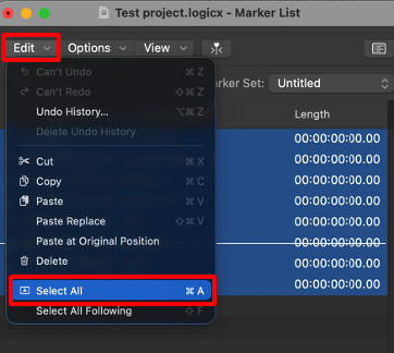 Marker List Edit menu with Select All