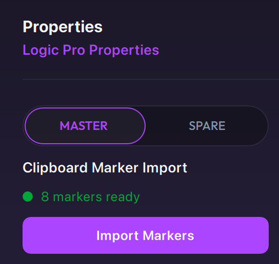 Logic Pro properties with the Import Markers button and "8 markers ready"