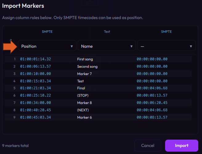 Import Markers dialog with a Position (SMPTE) and a Name column