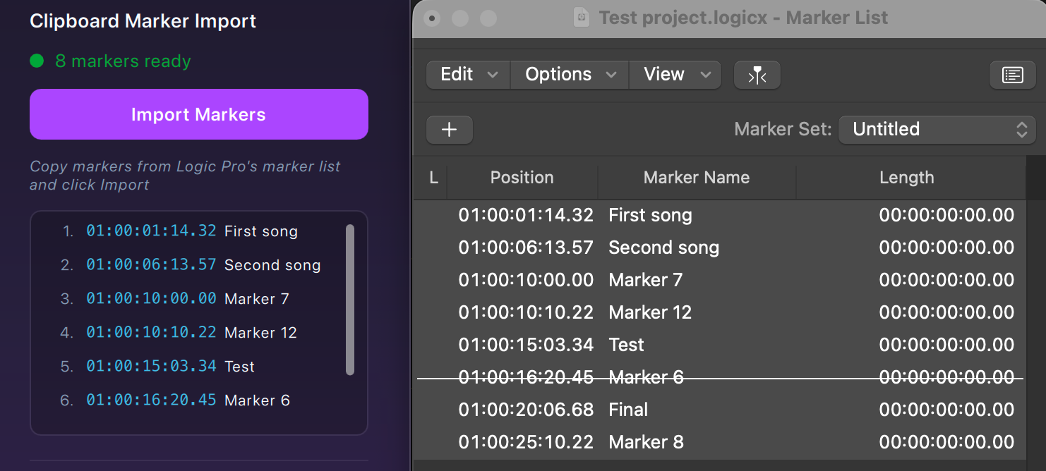The imported list in GoorooLink next to the Logic Pro Marker List