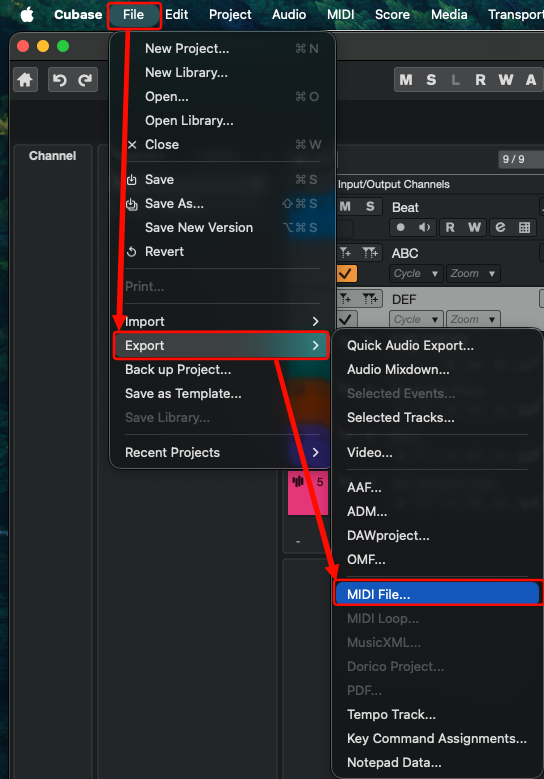 Cubase File → Export → MIDI File