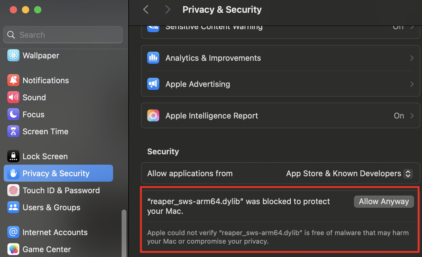 macOS Privacy &amp; Security: the SWS library was blocked, click Allow Anyway