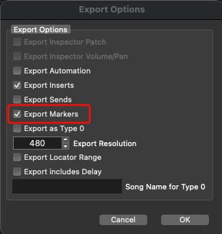 Export Options with Export Markers ticked