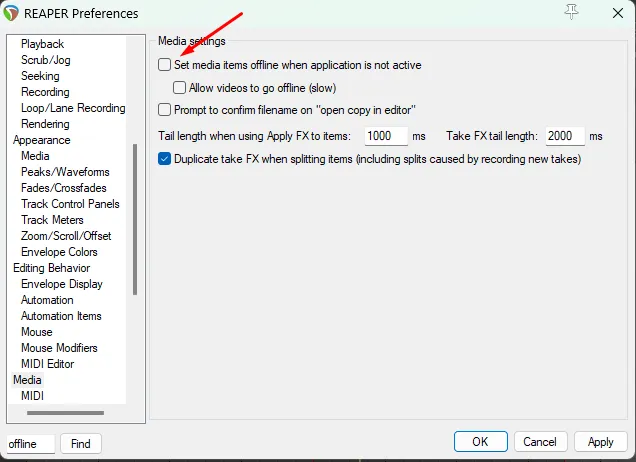 Reaper Media preferences