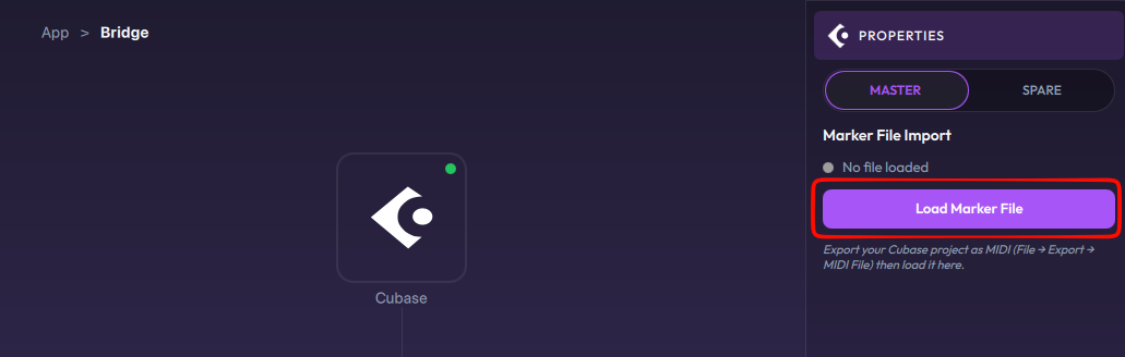 Cubase selected in the BRIDGE app, with the Load Marker File button highlighted