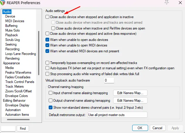 Reaper Audio preferences