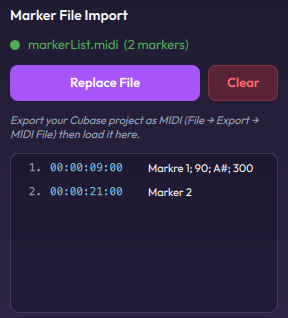 Marker File Import showing markerList.midi with 2 markers