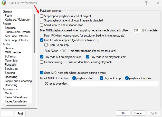 Reaper Playback preferences