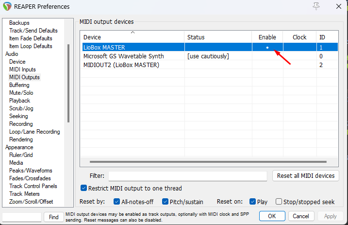 MIDI output devices with Enable ticked for the Liobox