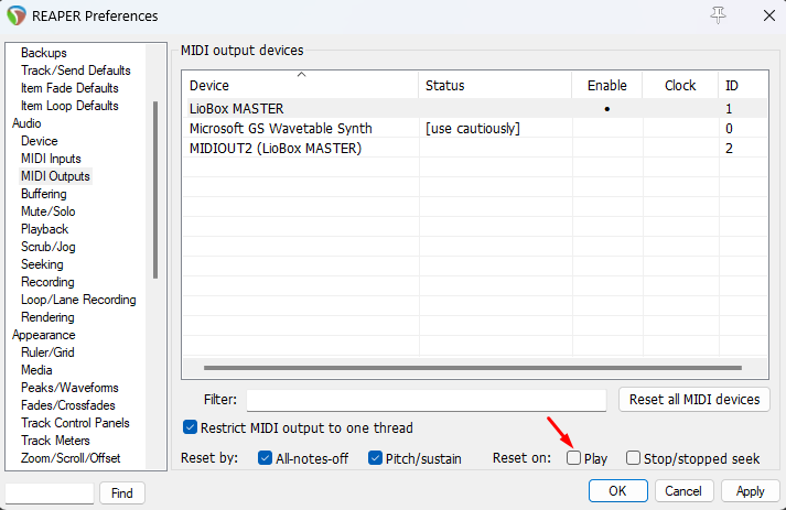 MIDI outputs with Reset on Play unticked