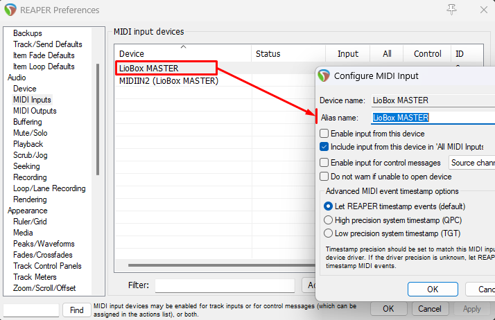 Configure MIDI Input dialog with the alias name field