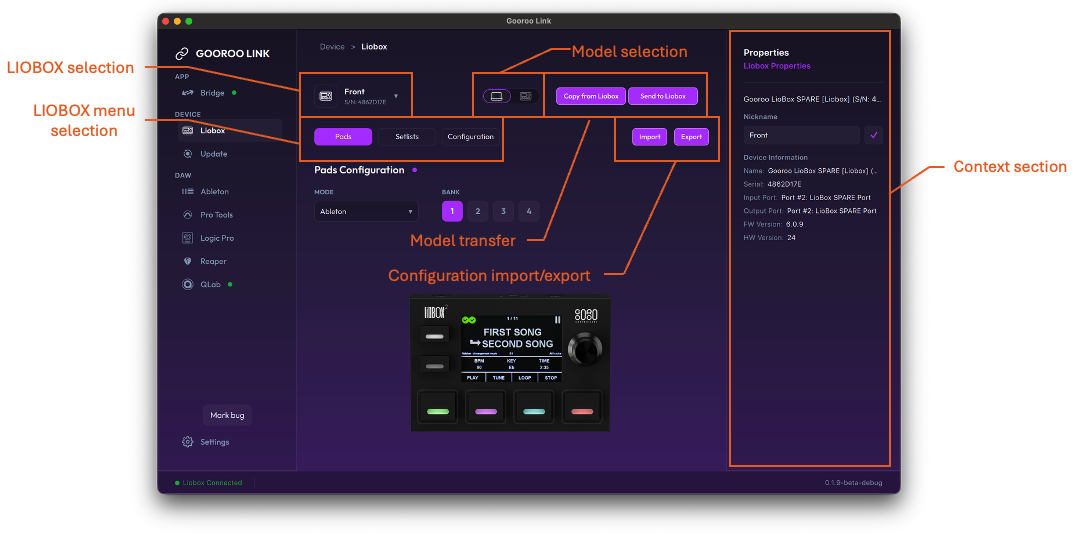 The LIOBOX module with the LIOBOX selection, model selection, model transfer, configuration import/export, menu selection and context section