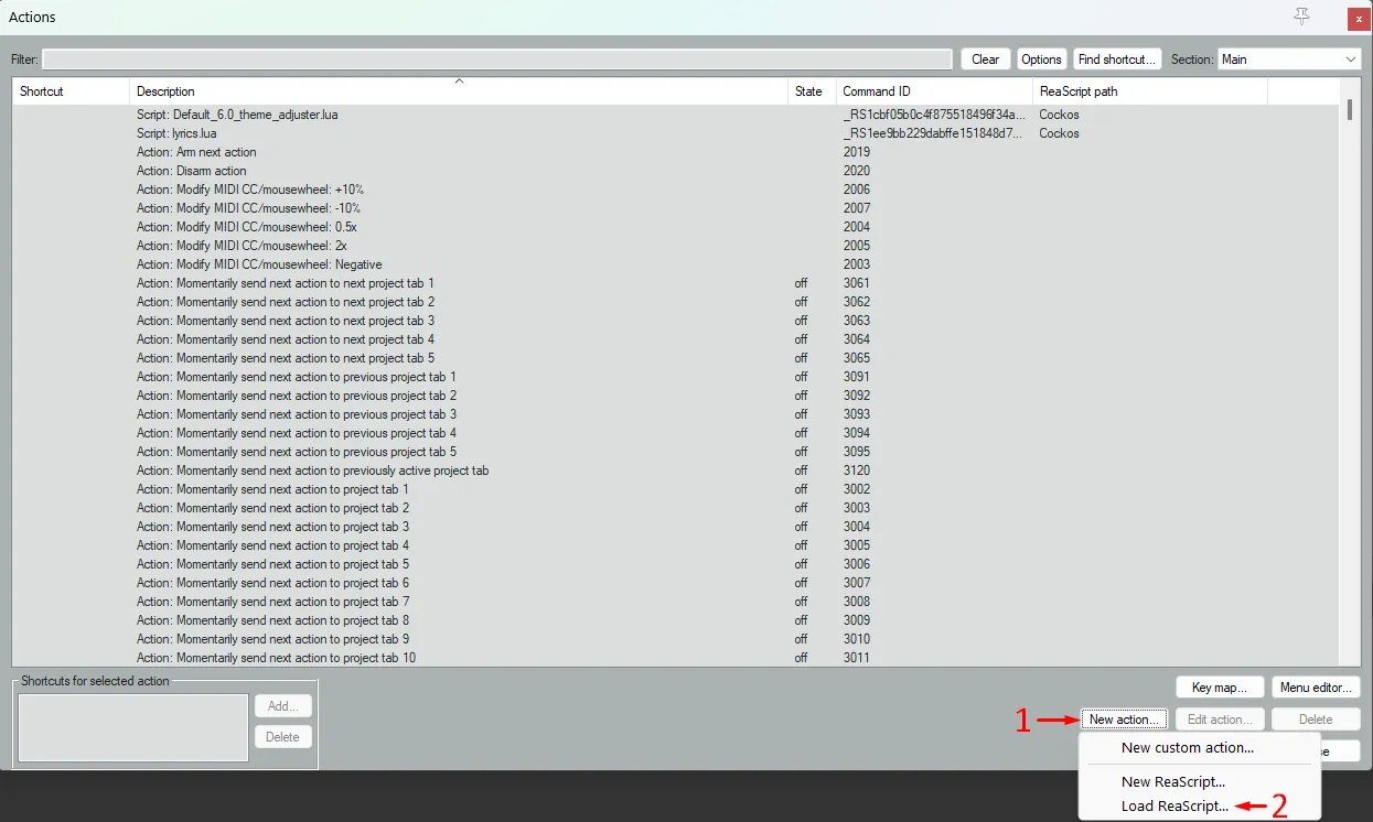 Actions window with the New action menu open