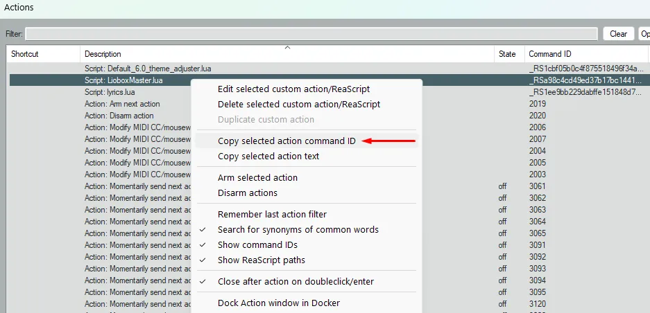 Context menu with Copy selected action command ID