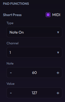 Pad function set to MIDI: type Note On, channel 1, note 60, value 127