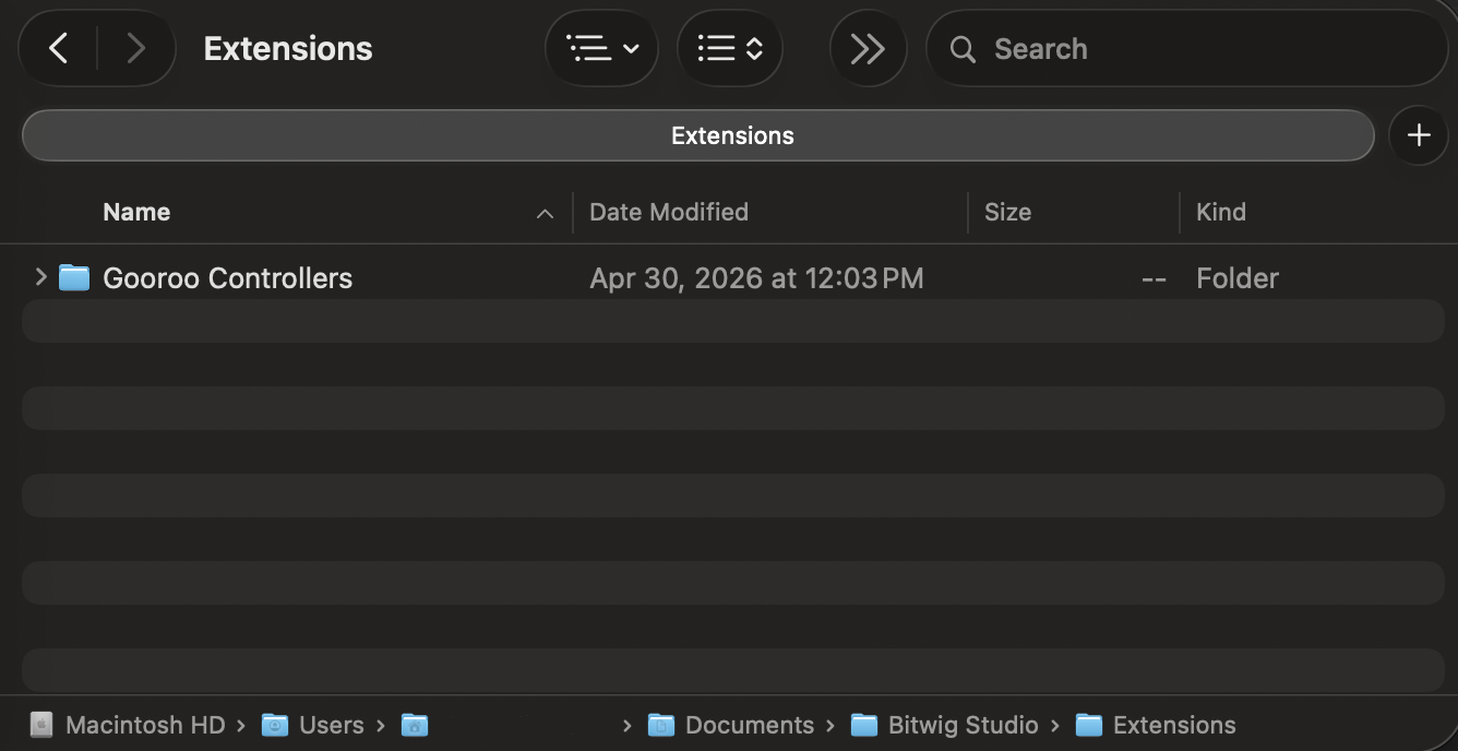 The Gooroo Controllers folder in the Bitwig Extensions folder on macOS