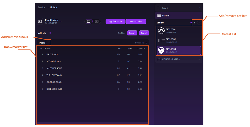 The Setlists tab: setlist list, track/marker list, and the add/remove buttons