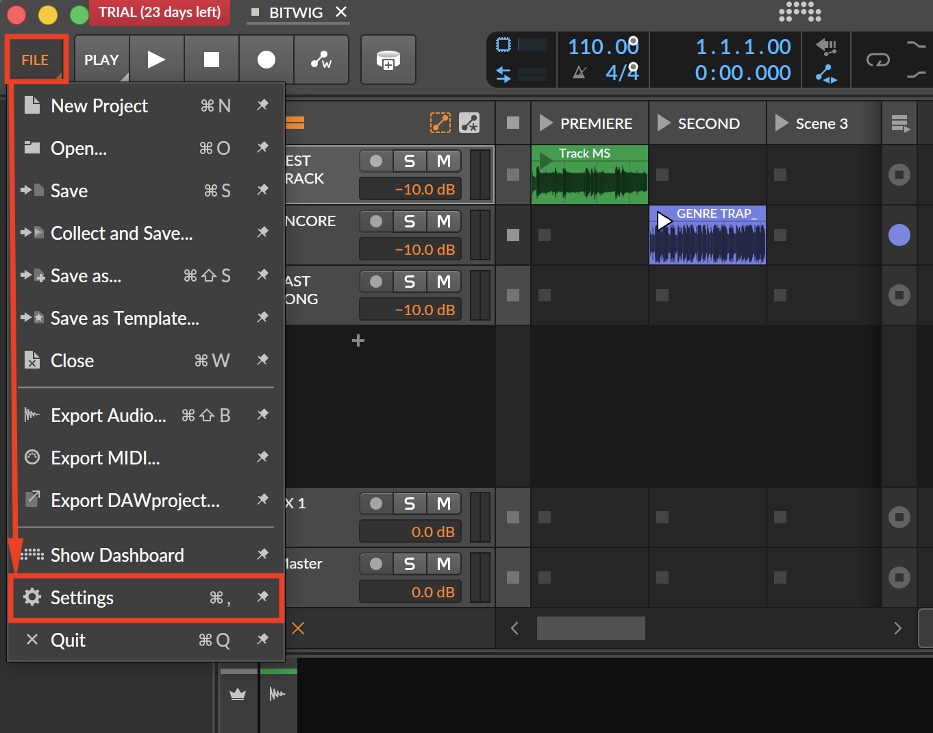 Bitwig File menu and Settings window
