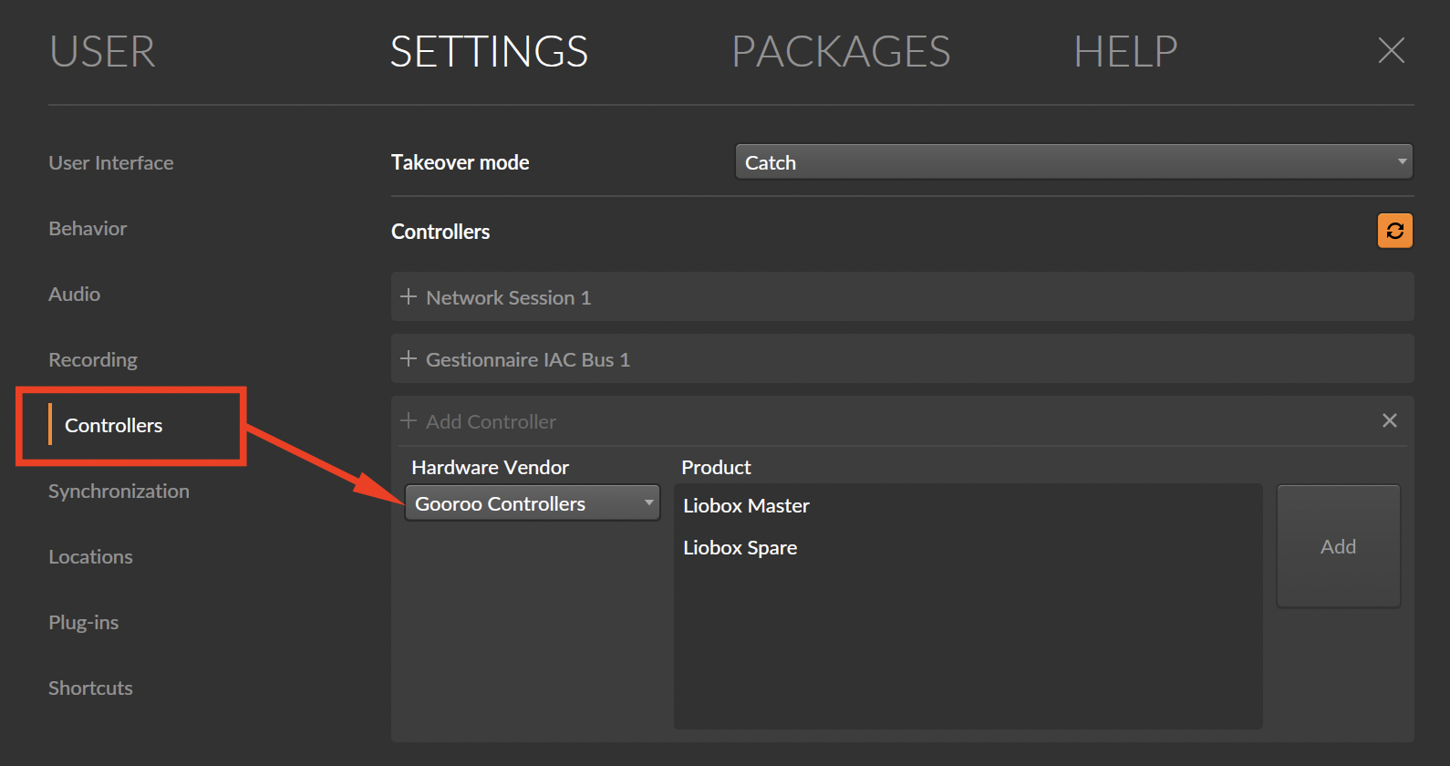 Controllers settings with the Hardware Vendor list