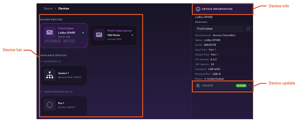 The Devices view with the device list on the left and the device information and update sections on the right