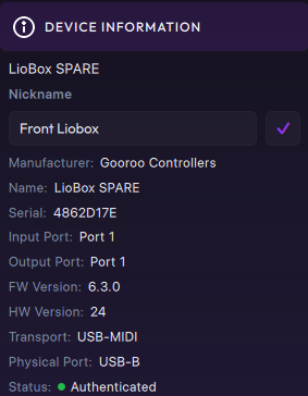 Device information panel for a LioBox SPARE named "Front Liobox"