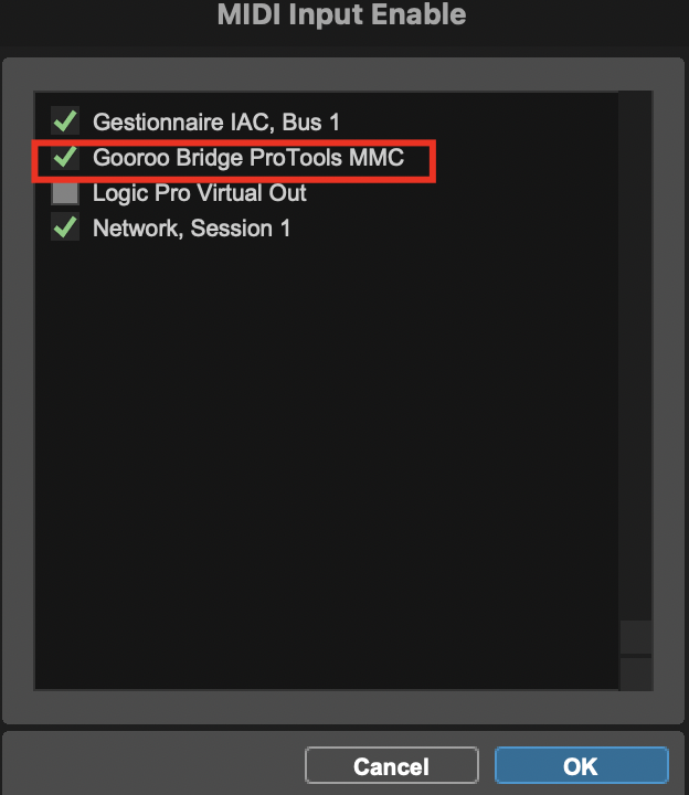 MIDI Input Enable with Gooroo Bridge ProTools MMC ticked