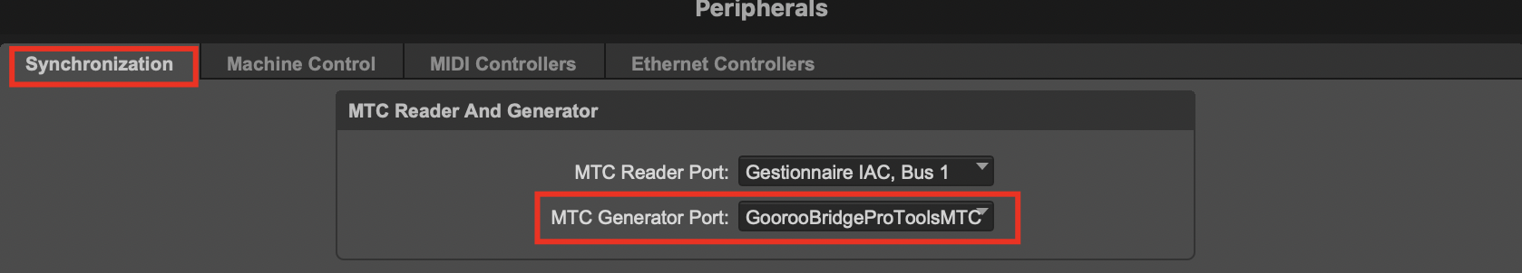MTC Generator Port set to GoorooBridgeProToolsMTC