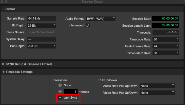 Session Setup with Jam Sync selected