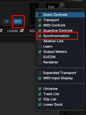 The MTC button and the Synchronization option in the Pro Tools toolbar