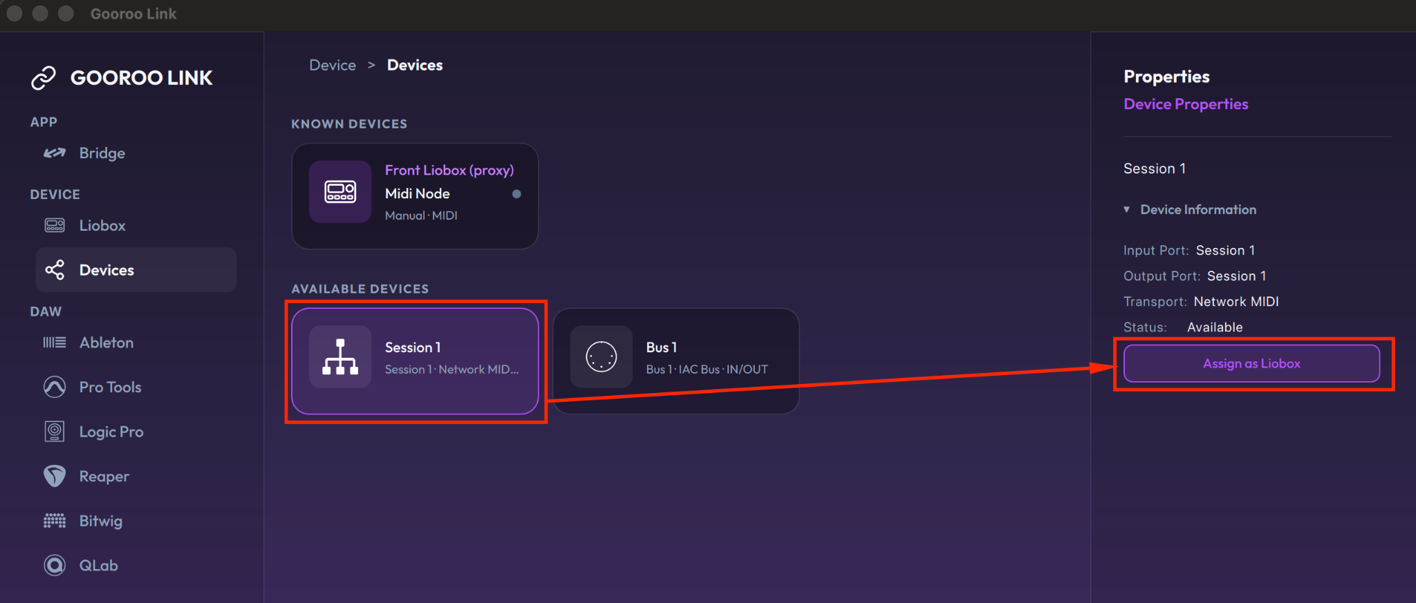 A MIDI session selected in Available Devices, with the Assign as Liobox button