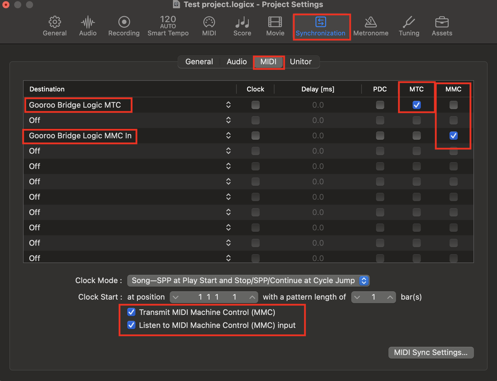 Synchronization settings with MTC, MMC and the two MMC options enabled