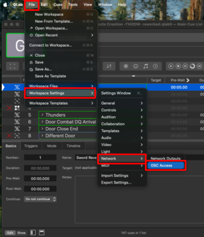QLab File → Workspace Settings → Network → OSC Access