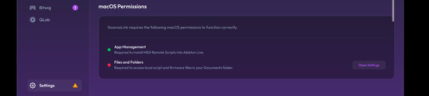 macOS Permissions panel with App Management granted and Files and Folders missing