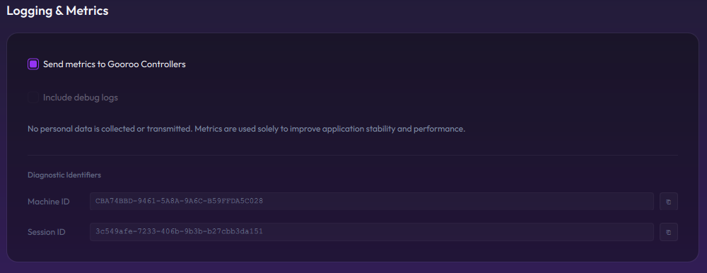 Logging &amp; Metrics panel with the Send metrics option and diagnostic identifiers