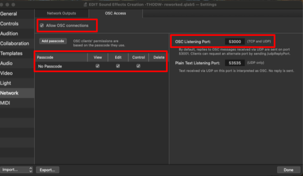 QLab OSC Access settings: Allow OSC connections, no passcode, listening port 53000