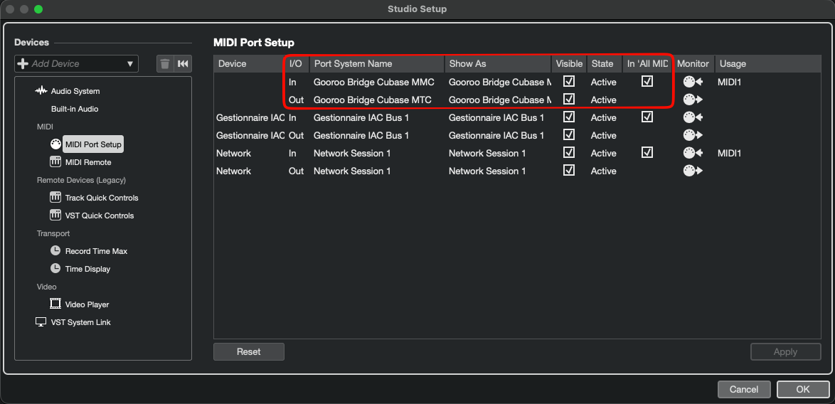 MIDI Port Setup showing Gooroo Bridge Cubase MMC (in) and Gooroo Bridge Cubase MTC (out)