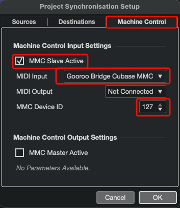 Machine Control tab configured for the Gooroo Bridge Cubase MMC input