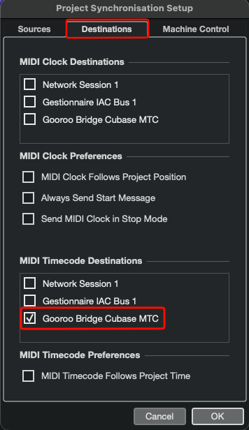 Destinations tab with Gooroo Bridge Cubase MTC ticked