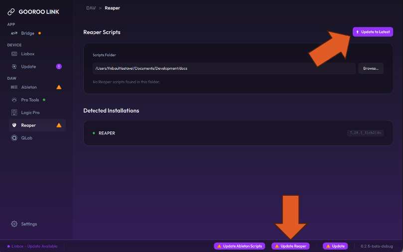 Reaper view with the Update to Latest button, and the Update Reaper button in the status bar