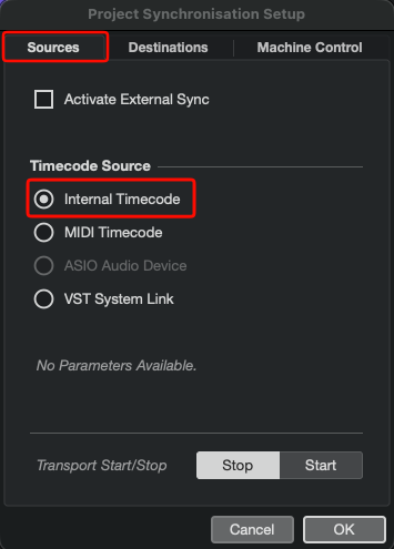 Sources tab with Internal Timecode selected
