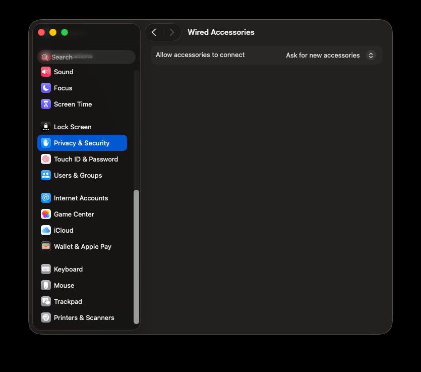 Wired Accessories settings with "Allow accessories to connect" set to "Ask for new accessories"