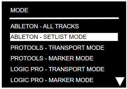 Mode menu with ABLETON - SETLIST MODE selected